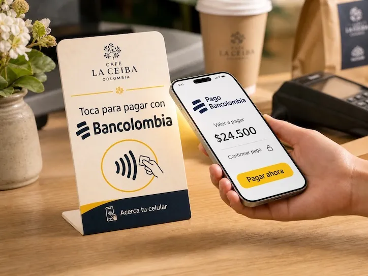 An acrylic NFC table tent on a café counter reading 'Tap to pay with Bancolombia,' next to a hand holding a phone showing the Bancolombia payment screen with a Pay now button.