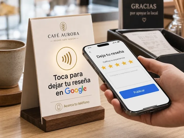 An NFC tabletop stand at a café reading 'Tap to leave your Google review,' next to a hand holding a phone showing the Google review form with five stars selected and a Publish button.