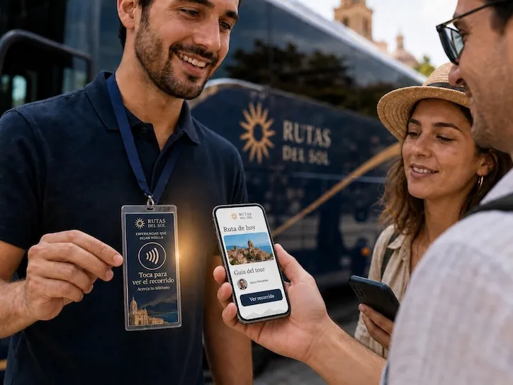 A smiling tour guide in a navy polo holds an NFC lanyard badge reading 'Tap to see the tour,' next to a tourist couple where one holds a phone showing today's route and a See route button.