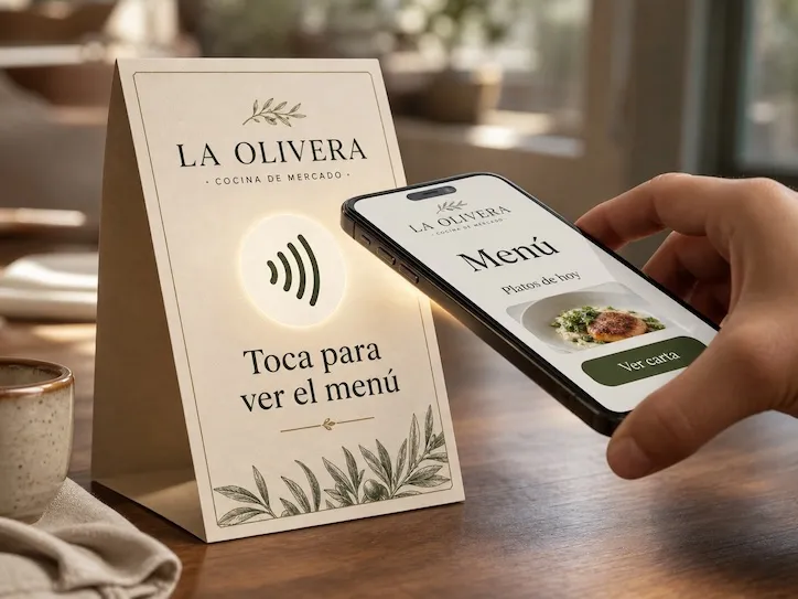 A printed NFC table tent at a restaurant reading 'Tap to see the menu,' next to a hand holding a phone showing the live menu with the day's dishes and a See menu button.