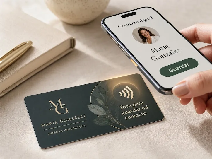 A dark green NFC business card reading 'María González · Real-estate advisor · Tap to save my contact,' next to a hand holding a phone showing her digital contact card with a Save button.