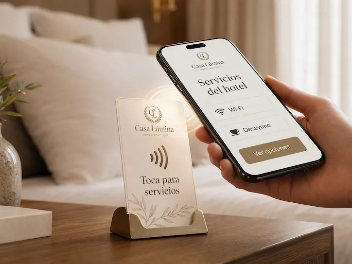 A translucent acrylic NFC stand on a hotel nightstand reading 'Tap for services,' next to a hand holding a phone showing the hotel's service menu with Wi-Fi, breakfast, and a See options button.