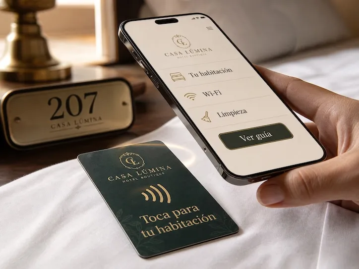 A dark green NFC card on a hotel bed reading 'Tap for your room,' next to a hand holding a phone showing the room guide with sections for Your room, Wi-Fi, and Housekeeping.