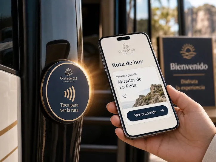 A round NFC button mounted on the side of a tour bus reading 'Costa del Sol · Tap to see the route,' next to a hand holding a phone showing today's route and the next stop.