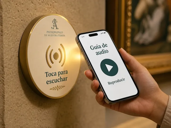 A round bronze NFC plaque mounted next to a framed painting reading 'Tap to listen,' next to a hand holding a phone showing an audio guide with a play button.