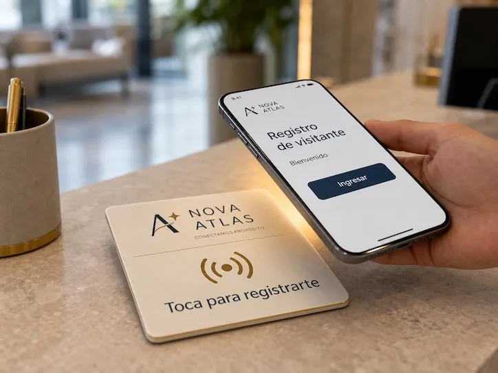 A square NFC pad on a marble reception counter reading 'Tap to register,' next to a hand holding a phone showing a visitor registration screen with a welcome message and an Enter button.
