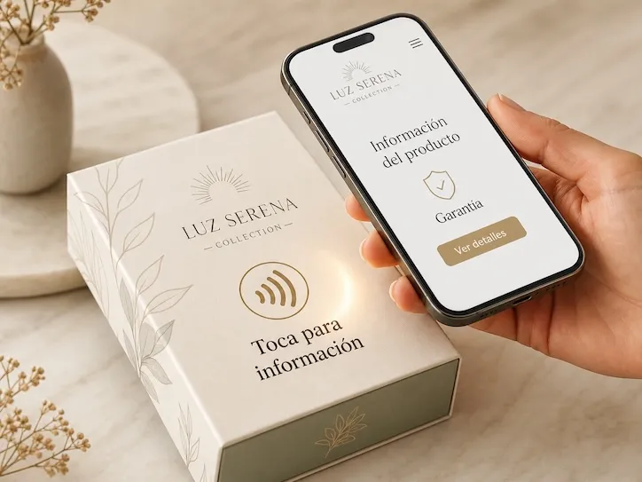 A printed gift box with an NFC symbol reading 'Tap for information,' next to a hand holding a phone showing the product information page with warranty details and a See details button.