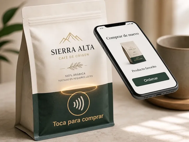 A coffee bag with an NFC symbol reading 'Tap to buy,' next to a hand holding a phone showing a Buy again screen with the customer's favorite roast and an Order button.