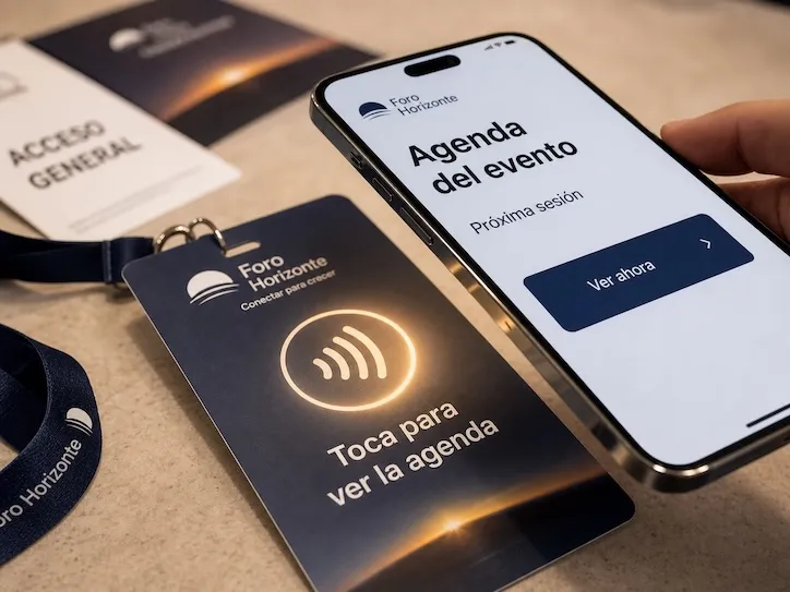 A dark navy NFC event lanyard reading 'Tap to see the schedule,' next to a hand holding a phone showing the event schedule with the next session and a See now button.