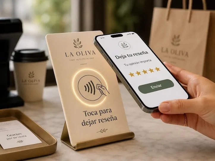 A tabletop NFC stand at a café reading 'Tap to leave a review,' next to a hand holding a phone showing a five-star review form with a Submit button.
