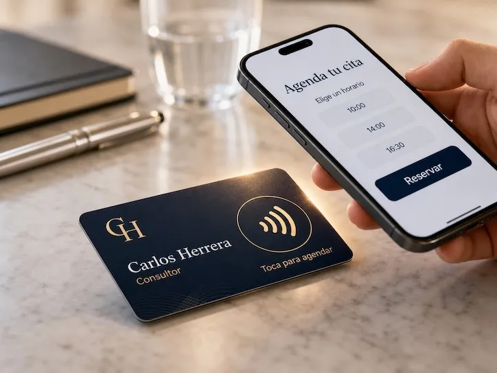 A dark navy NFC business card on a marble surface reading 'Carlos Herrera · Consultant · Tap to book,' next to a hand holding a phone showing an appointment booking screen with available time slots and a Reserve button.