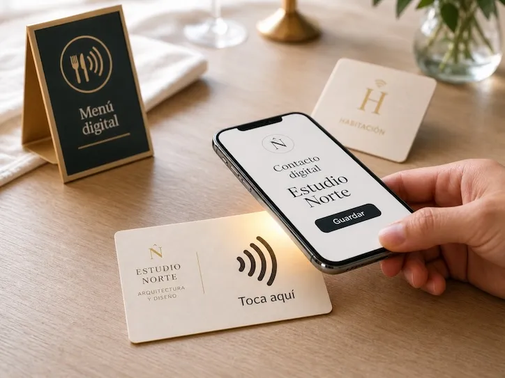 An NFC table tent reading 'Tap to see the menu' next to a hand holding a phone showing a restaurant menu.